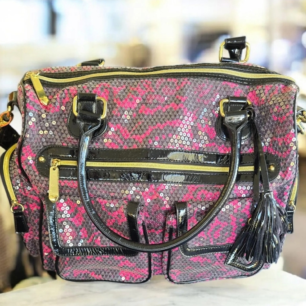 Betsey Johnson Pink / Black Chettah Sequin Dual Front & Side Pocket 12x15. BiG